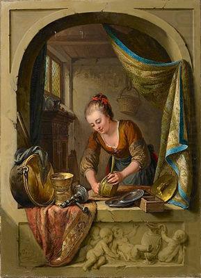 unknow artist A young woman cleaning pans at a draped stone arch. china oil painting image